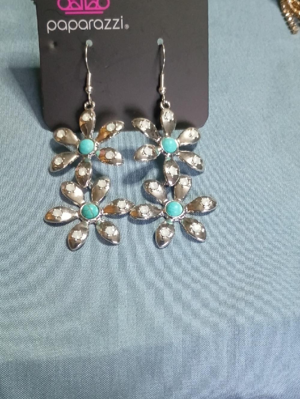 paparazzi Silver Floral Drop Earrings with Turquoise Centers